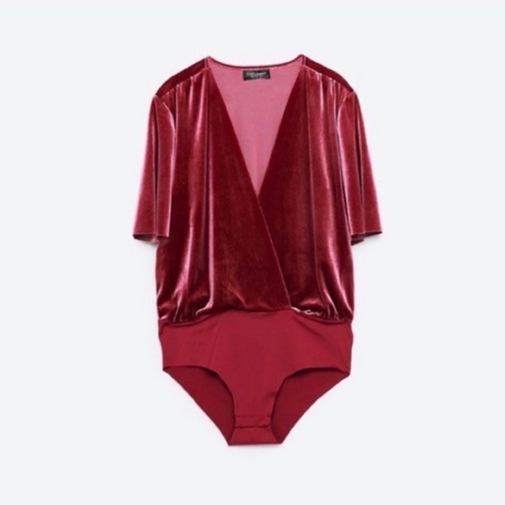 Zara pink, low-cut, velvet bodysuit.